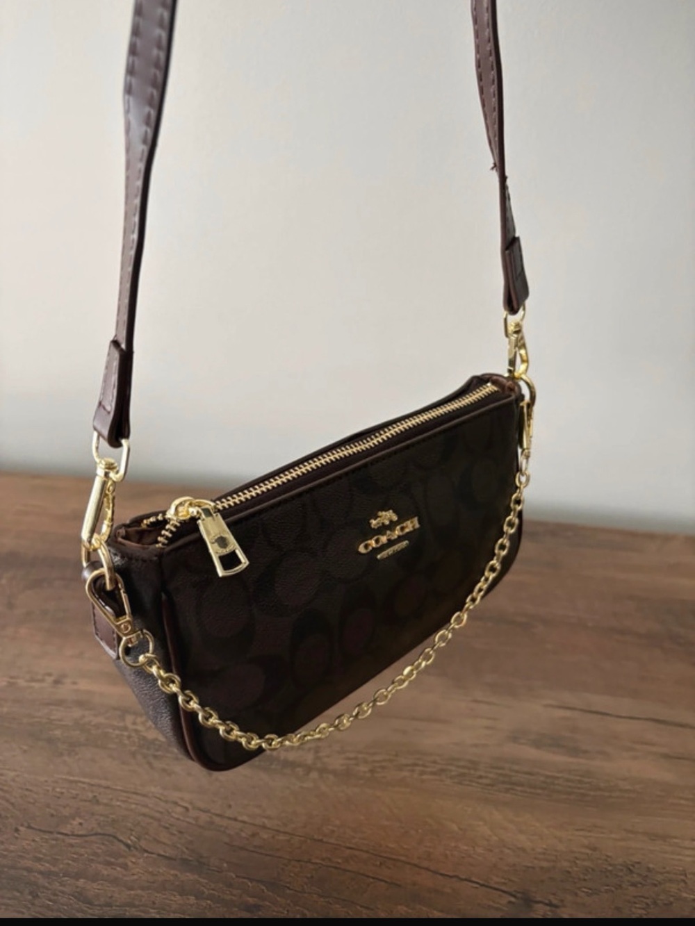 Coach Dark Brown Signature Chain Crossbody Bag